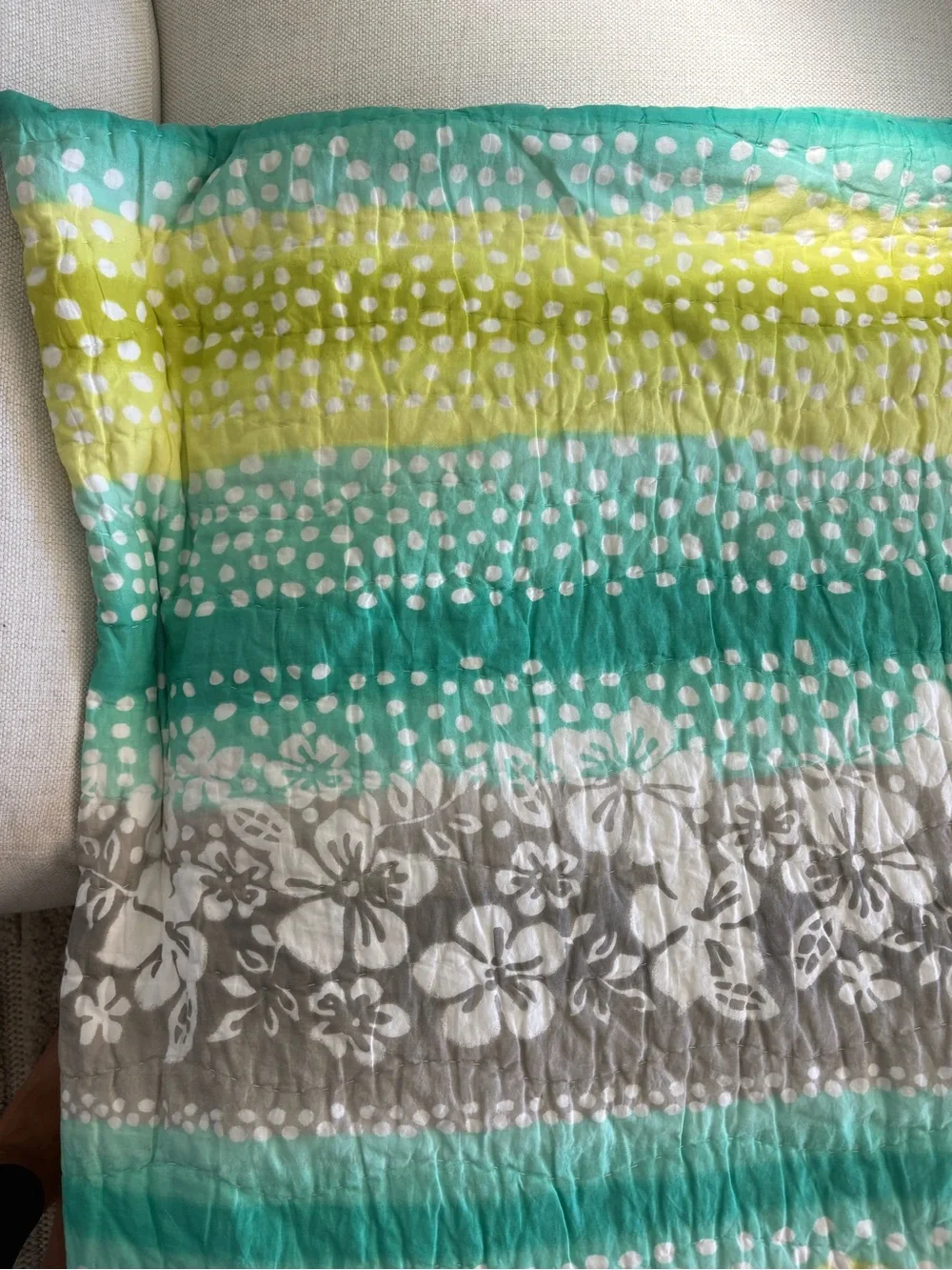Pottery Barn Teen Aqua, Lime & Gray Striped Full Quilt with 2 shams .